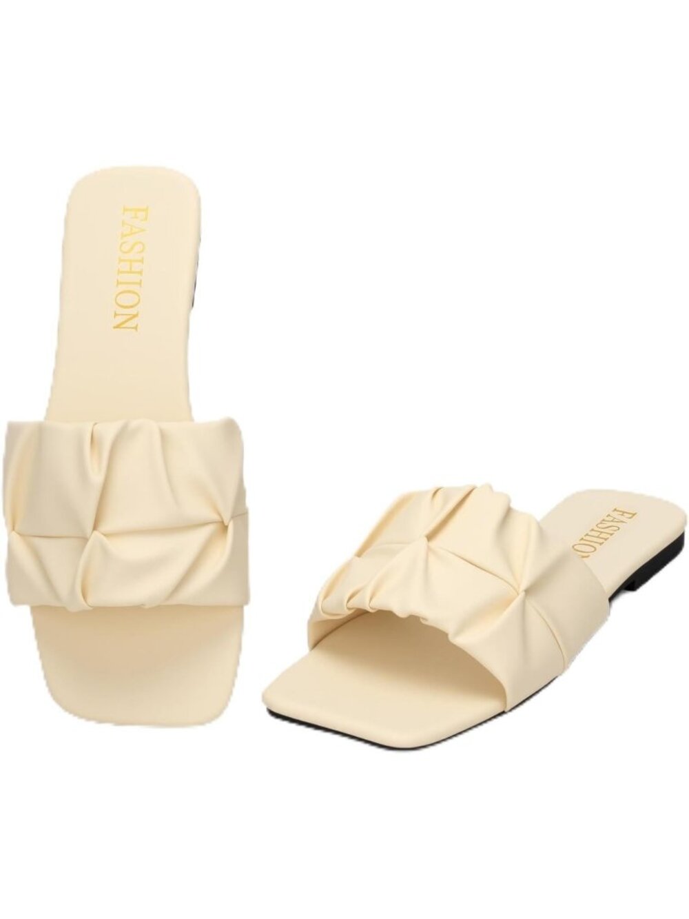 Women's Beige Pleated Square Toe Slide Sandals Summer Trendy Wedding Flats Shoes